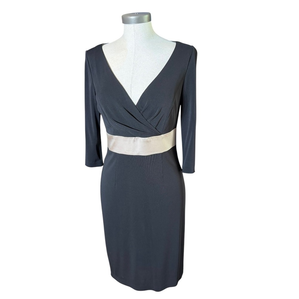 Kay Unger New York Black Sheath Dress Silk Waistband 3/4 Sleeve Size 10‎ 122771